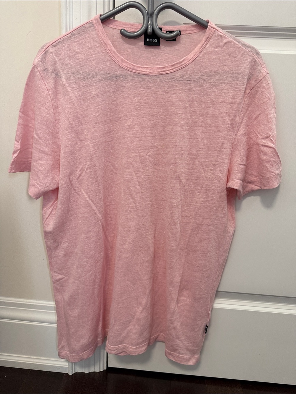 BOSS Men's Light Pink Crewneck Short Sleeve Linen Tee Shirt